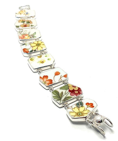 Yellow & Orange Flowers on White Vintage Pottery Double Link Shard Bracelet - 7 1/2