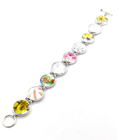 Colorful Flower Vintage Pottery with Glass Buttons Connected Cuff Style Bracelet- 8 1/2