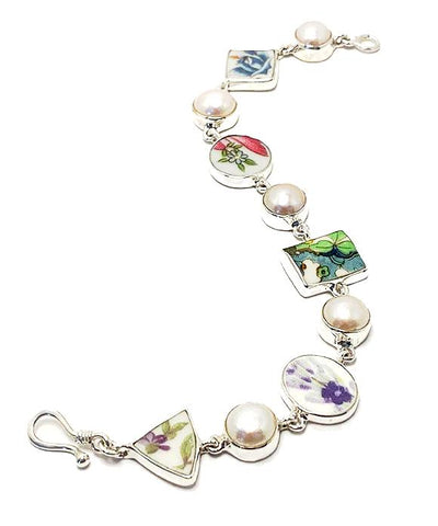 Colorful Floral Multi Shape Vintage Pottery and Pearl Bracelet - 7 1/2