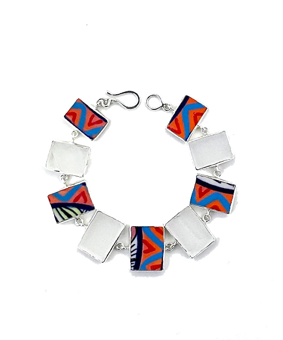 Frosted Clear Sea GLass and Bold Guatemalan Pottery Square Shape Bracelet - 7 1/2