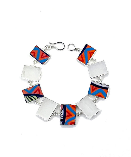 Frosted Clear Sea GLass and Bold Guatemalan Pottery Square Shape Bracelet - 7 1/2