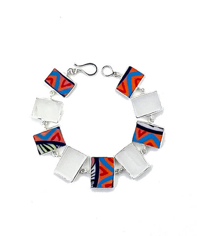 Frosted Clear Sea GLass and Bold Guatemalan Pottery Square Shape Bracelet - 7 1/2