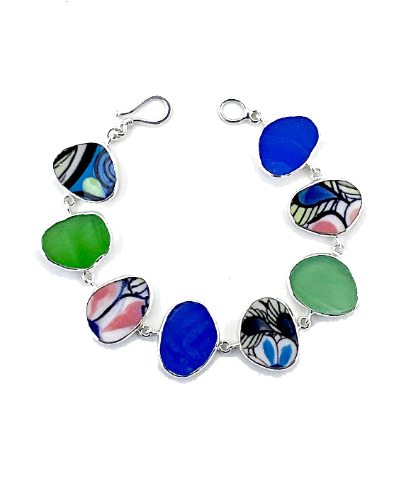 Cobalt and Green Sea Glass & Bold Guatemalan Pottery Natural Shape Bracelet - 8 1/4