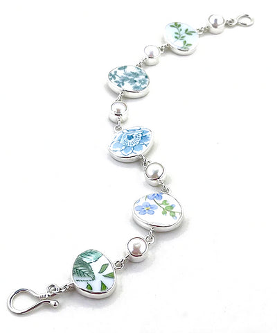 Blue Flower & Green Leaf  Natural Shape Vintage Pottery and Pearl Bracelet - 7 3/4
