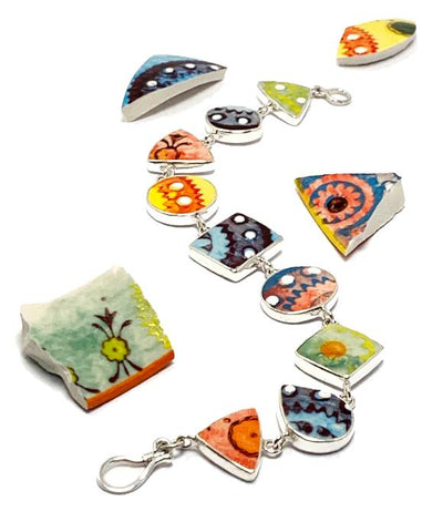 Bold Colorful Spanish Vintage Pottery Multi Shape Bracelet - 8