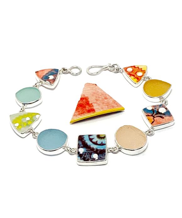 Colorful Spanish Vintage Pottery & Pastel Sea Glass Multi Shape Bracelet - 8