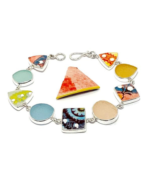 Colorful Spanish Vintage Pottery & Pastel Sea Glass Multi Shape Bracelet - 8