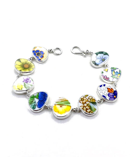 Yellow and Purple Floral Vintage Pottery Natural Shape Bracelet - 8 1/2