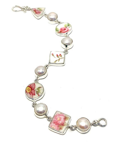 Pink Flower Multi Shape Vintage Pottery and Pearl Bracelet - 7 1/2