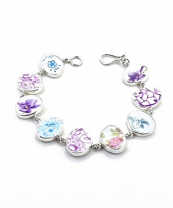 Purple, Blue & Pink Floral Vintage Pottery Natural Shape Bracelet - 8 1/4