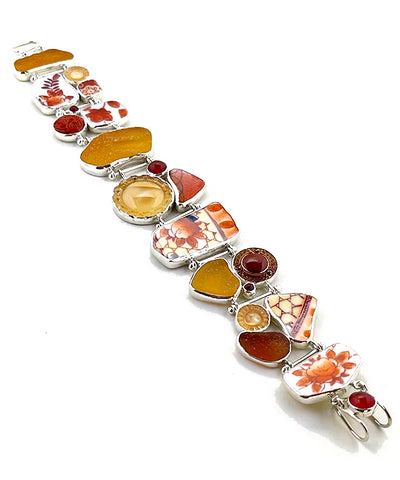 Amber Sea Glass, Rust Floral Vintage Pottery, Buttons & Stone Barbell Style Cuff Bracelet - 9 1/4