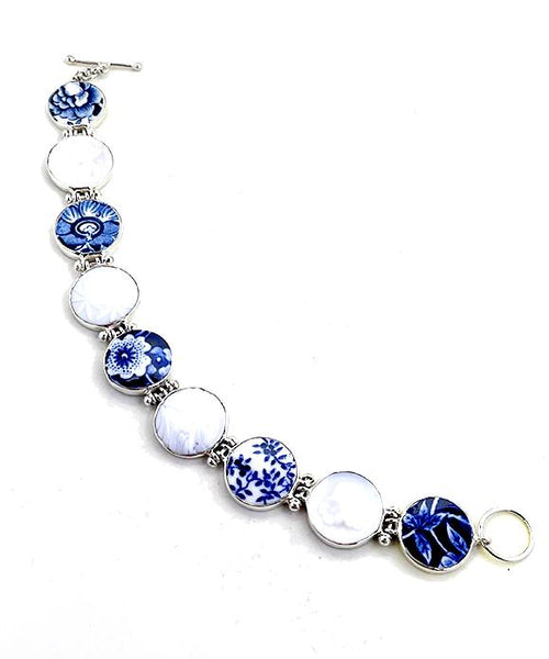 Blue & White Vintage Pottery with Glass Buttons Connected Cuff Style Bracelet- 8 1/2