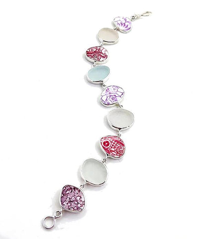 Red and White & Purple Floral Vintage Pottery with Sea Glass Natural Shape Bracelet - 8 1/2