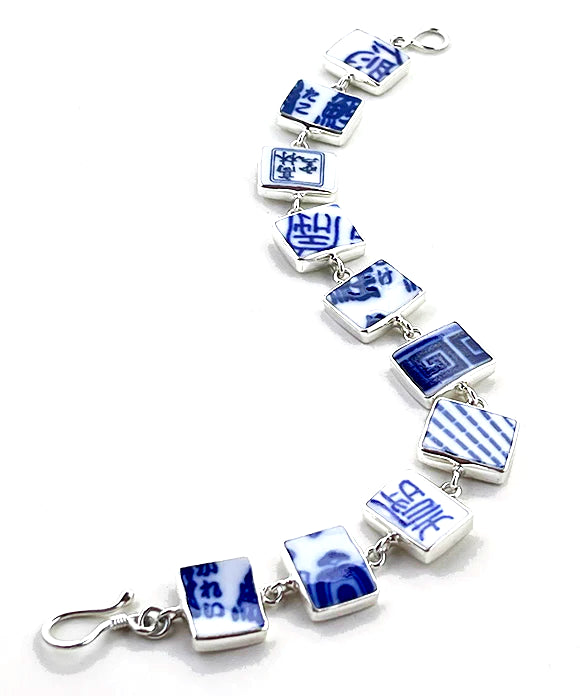 Blue & White Asian Inspired Vintage Pottery Rectangle Shape Bracelet - 8
