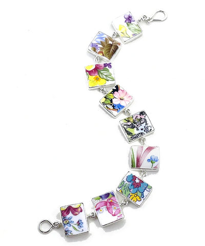 Bold Floral Vintage Pottery Rectangle Shape Bracelet - 8 1/2