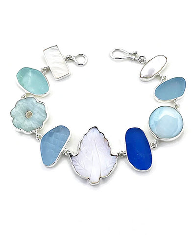 Aqua & Blue Sea Glass with Mother of Pearl Leaf & Stones  Bracelet - 8 1/4