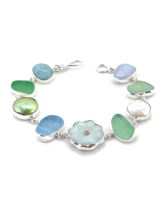 Aqua & Green Sea Glass with Pearls & Stones  Bracelet - 8