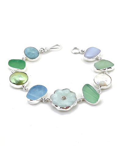 Aqua & Green Sea Glass with Pearls & Stones  Bracelet - 8