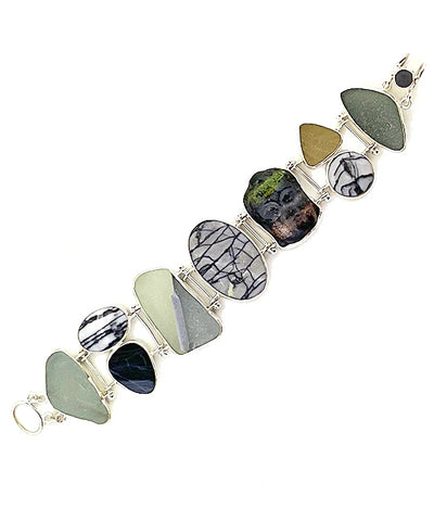 Cast Glass Buddha with Grey Sea Glass and Picasso Jasper Cluster Bracelet - Small 6 3/4