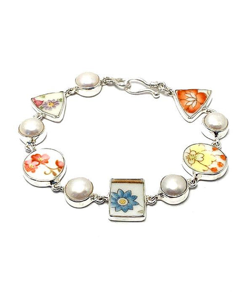 Orange and Blue Floral Multi Shape Vintage Pottery and Pearl Bracelet - 7 1/2