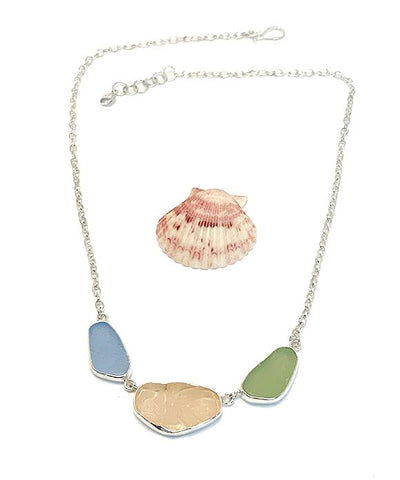 Pink Textured with Soft Blue and Sage Green Sea Glass 3 Piece Necklace