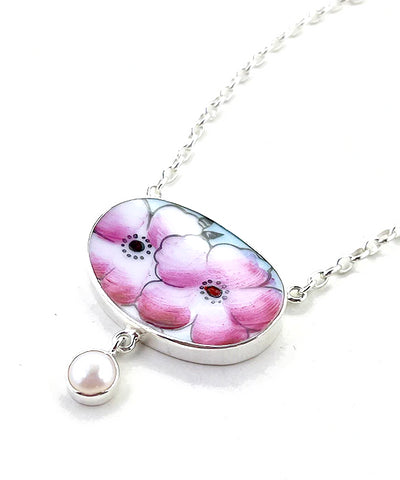 Two Pink Flowers Vintage Pottery and Pearl Necklace