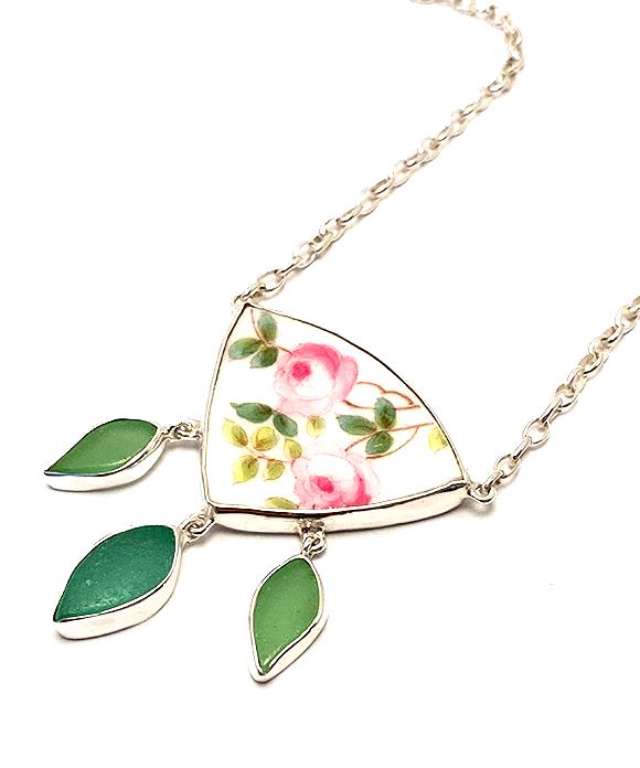 Pink Roses Vintage Pottery & Green Sea Glass Leaves Necklace