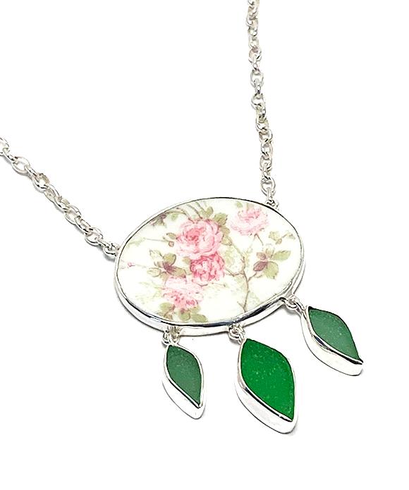 Delicate Pink Roses Vintage Pottery & Green Sea Glass Leaves Necklace