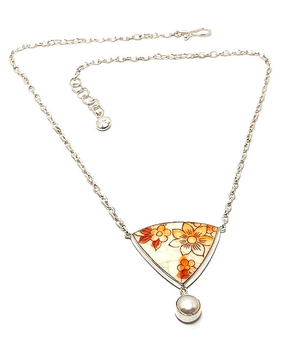 Orange Flowers Vintage Pottery and Pearl Necklace