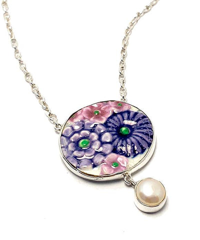 Retro Textured Purple Flowers Vintage Pottery and Pearl Necklace