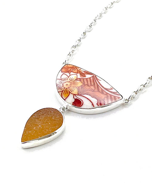Bold Rust Patterned Vintage Pottery and Amber Sea Glass Necklace