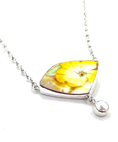 Bold Yellow Flower Vintage Pottery and Pearl Necklace
