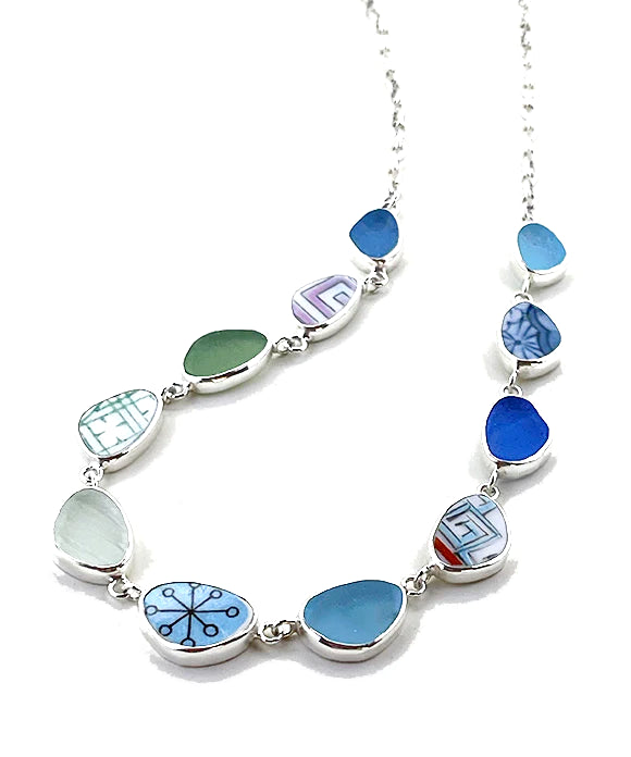 Bold Vintage Pottery Shard and Sea Glass Blues 11 Piece Necklace