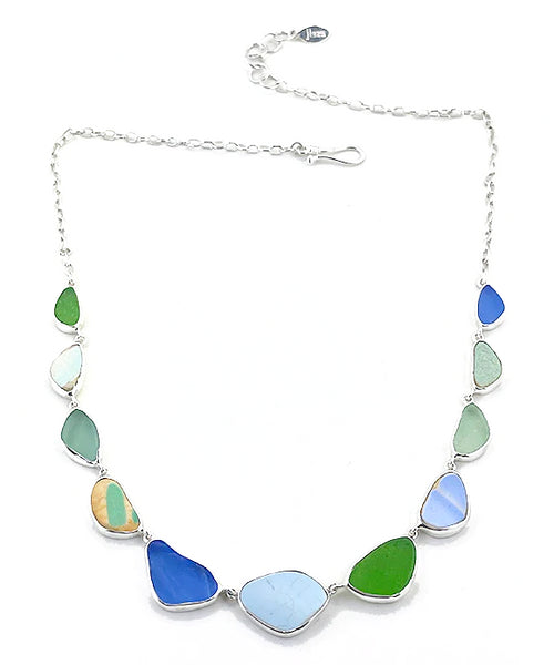 Blue, Green and Aqua 11 Piece Sea Glass & Sea Pottery Necklace
