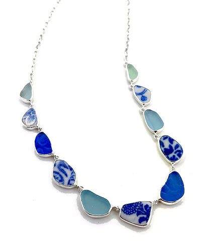 Soft Blue, Aqua and Textured Cobalt Blue  & Sea Pottery 11 Piece Sea Glass Necklace