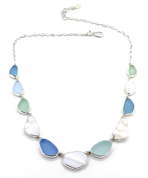 Pale Blue, Aqua and Textured White Sea Glass. 11 Piece Necklace