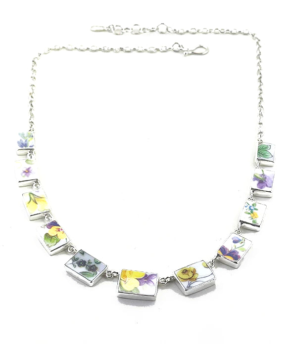 Various Floral Vintage Pottery Rectangle Shaped 11 Piece Necklace
