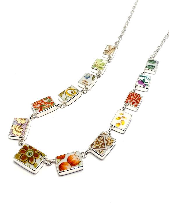 Various Bold Earth Tone Flower Vintage Pottery Shard 13 Piece Necklace