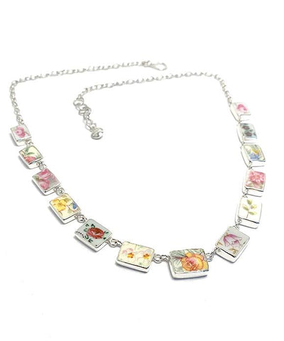 Various Delicate Flower Vintage Pottery Shard 13 Piece Necklace