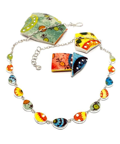 Bold Spanish Hand Painted Ceramic 13 Piece Necklace