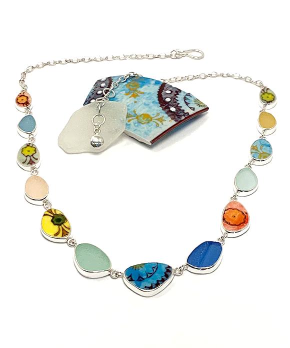 Colorful Spanish Hand Painted Ceramic and Pastel Sea GLass 13 Piece Sea Glass Necklace
