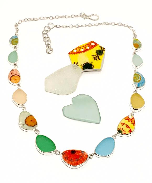 Bold Spanish Hand Painted Ceramic and Bright Pastel Sea Glass 13 Piece Sea Glass Necklace