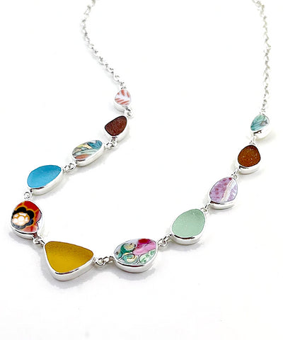 Bold Vintage Pottery and Earth Tone Sea Glass Blues 11 Piece Necklace