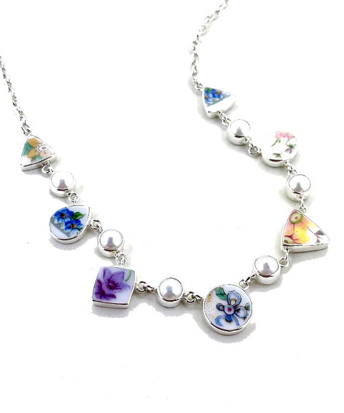 Delicate Floral Multi Shape Vintage Pottery and Pearl 15 Piece Necklace
