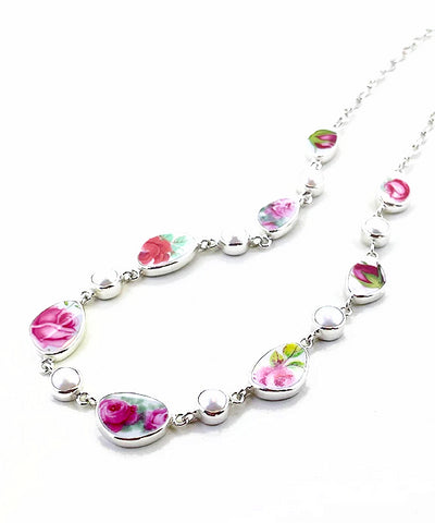 Pink Roses Vintage Pottery and Pearl 15 Piece Necklace