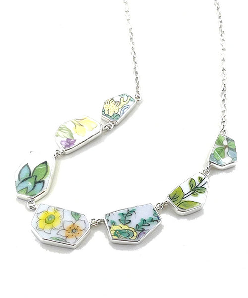 Yellow Flower and Green Leaf Vintage Pottery 7 Piece Shard Necklace