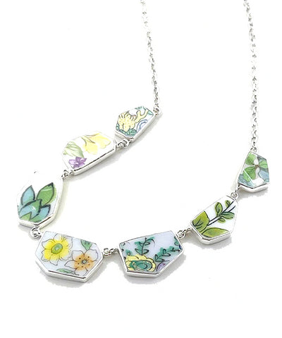 Yellow Flower and Green Leaf Vintage Pottery 7 Piece Shard Necklace