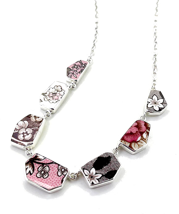 Pink & Brown Floral Vintage Pottery 7 Piece Shard Necklace