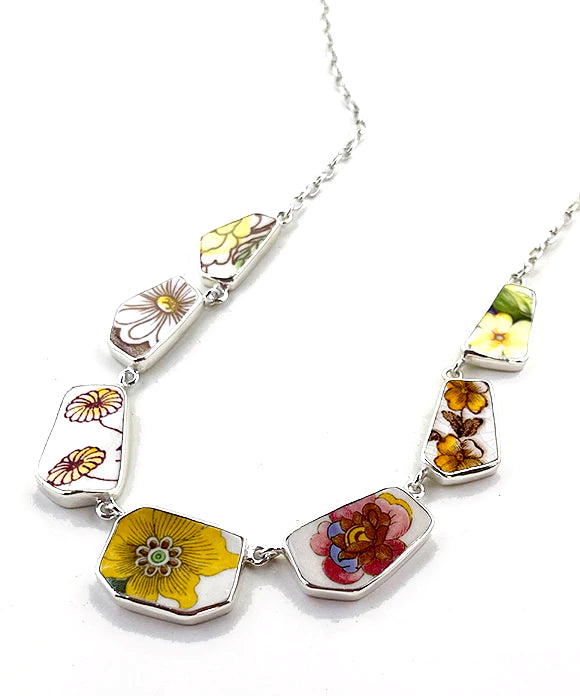 Yellow & Brown Floral Vintage Pottery 7 Piece Shard Necklace - Long 20-21