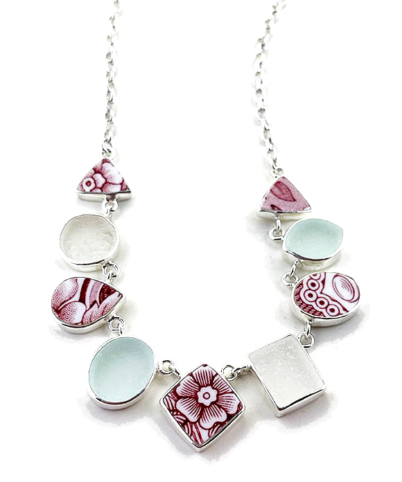 Red & White Vintage Pottery and Sea Glass 9 Piece Multi Shape Necklace